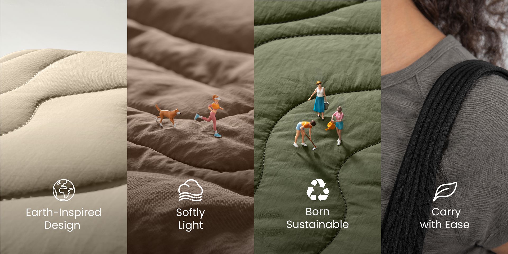Four principles of the Terra Collection: Earth-Inspired Design, Softly Light, Born Sustainable, Carry with Ease